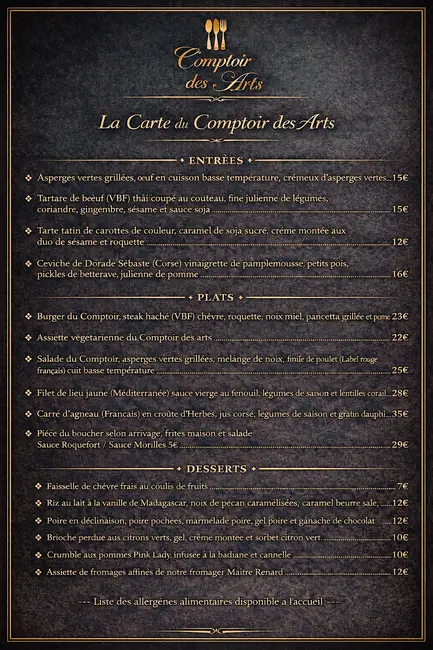 ✨La carte du Comptoir des arts 🎭 ✨