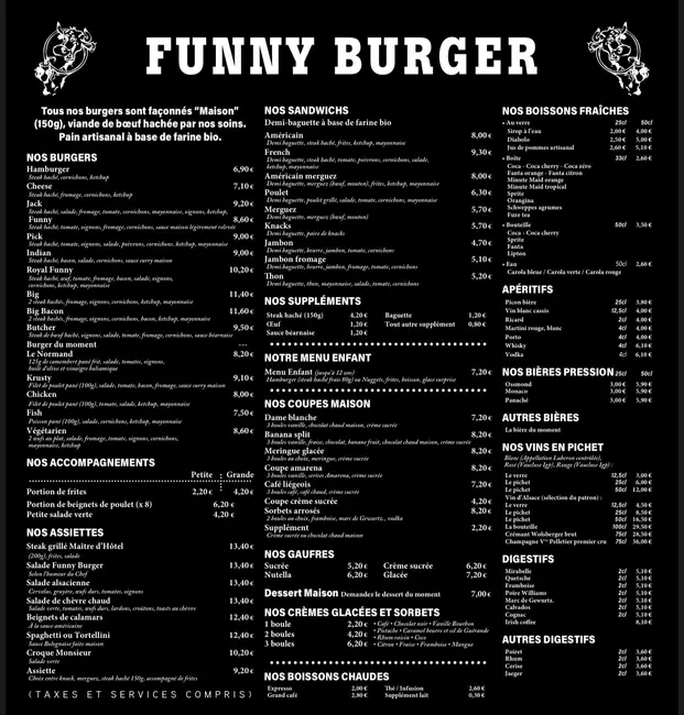Carte / boissons – Restaurant - Funny Burger