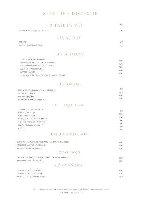 Carte / boissons – Restaurant Domaine de Montine "Chez Colette "