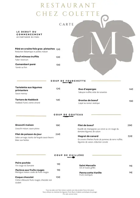Menu du jour – Restaurant Domaine de Montine "Chez Colette "