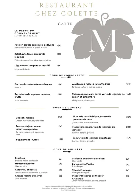 Carte / boissons – Restaurant Domaine de Montine "Chez Colette "
