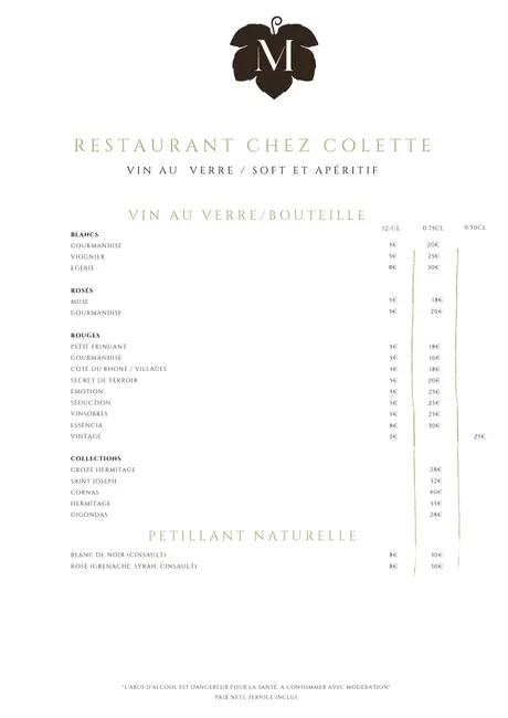 Carte / boissons – Restaurant Domaine de Montine "Chez Colette "