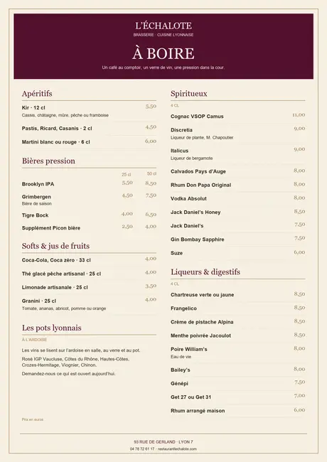 Notre Carte des Boissons
